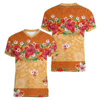 Hawaii Hibiscus Women V-Neck T-Shirt Turtles and Tribal Motifs Vintage Floral Style