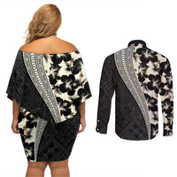 Bula Hibiscus Festival Couples Matching Off Shoulder Short Dress and Long Sleeve Button Shirt Tapa Pattern Half Style