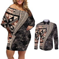 Bula Hibiscus Festival Couples Matching Off Shoulder Short Dress and Long Sleeve Button Shirt Fijian Masi Pattern Half Style