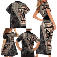 Bula Hibiscus Festival Family Matching Short Sleeve Bodycon Dress and Hawaiian Shirt Fijian Masi Pattern Half Style LT03 - Polynesian Pride