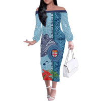 Fiji Day Family Matching Off The Shoulder Long Sleeve Dress and Hawaiian Shirt Tapa Pattern and Hibiscus Flower