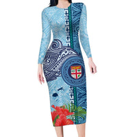 Fiji Day Long Sleeve Bodycon Dress Tapa Pattern and Hibiscus Flower LT03 Long Dress Blue - Polynesian Pride
