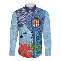 Fiji Day Long Sleeve Button Shirt Tapa Pattern and Hibiscus Flower LT03 Unisex Blue - Polynesian Pride