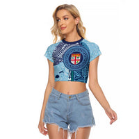 Fiji Day Raglan Cropped T Shirt Tapa Pattern and Hibiscus Flower LT03 Female Blue - Polynesian Pride