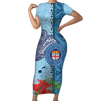 Fiji Day Short Sleeve Bodycon Dress Tapa Pattern and Hibiscus Flower LT03 Long Dress Blue - Polynesian Pride