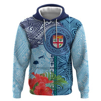 Fiji Day Zip Hoodie Tapa Pattern and Hibiscus Flower LT03 Pullover Hoodie Blue - Polynesian Pride