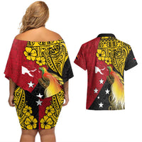 Papua New Guinea Independence Day Couples Matching Off Shoulder Short Dress and Hawaiian Shirt Bird-of-Paradise with Map and Polynesian Pattern
