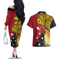 Papua New Guinea Independence Day Couples Matching Off The Shoulder Long Sleeve Dress and Hawaiian Shirt Bird-of-Paradise with Map and Polynesian Pattern