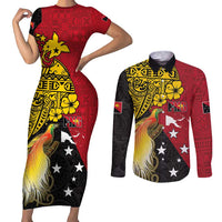 Papua New Guinea Independence Day Couples Matching Short Sleeve Bodycon Dress and Long Sleeve Button Shirt Bird-of-Paradise with Map and Polynesian Pattern
