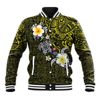 Hawaiian Turtle and Plumeria Baseball Jacket Polynesian Tattoo and Tribal Elements Pattern Yellow Color