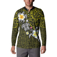 Hawaiian Turtle and Plumeria Button Sweatshirt Polynesian Tattoo and Tribal Elements Pattern Yellow Color