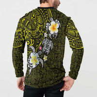 Hawaiian Turtle and Plumeria Button Sweatshirt Polynesian Tattoo and Tribal Elements Pattern Yellow Color