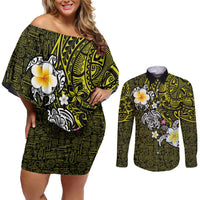 Hawaiian Turtle and Plumeria Couples Matching Off Shoulder Short Dress and Long Sleeve Button Shirt Polynesian Tattoo and Tribal Elements Pattern Yellow Color