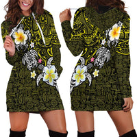 Hawaiian Turtle and Plumeria Hoodie Dress Polynesian Tattoo and Tribal Elements Pattern Yellow Color