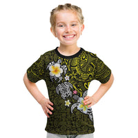 Hawaiian Turtle and Plumeria Kid T Shirt Polynesian Tattoo and Tribal Elements Pattern Yellow Color