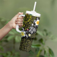Hawaiian Turtle and Plumeria Tumbler With Handle Polynesian Tattoo and Tribal Elements Pattern Yellow Color