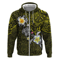 Hawaiian Turtle and Plumeria Zip Hoodie Polynesian Tattoo and Tribal Elements Pattern Yellow Color
