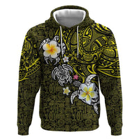 Hawaiian Turtle and Plumeria Zip Hoodie Polynesian Tattoo and Tribal Elements Pattern Yellow Color