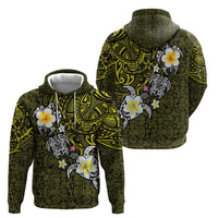 Hawaiian Turtle and Plumeria Zip Hoodie Polynesian Tattoo and Tribal Elements Pattern Yellow Color
