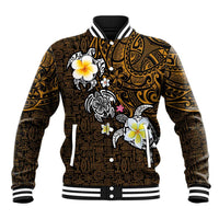 Hawaiian Turtle and Plumeria Baseball Jacket Polynesian Tattoo and Tribal Elements Pattern Orange Color