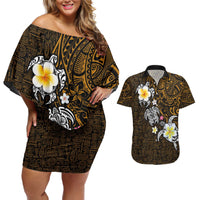 Hawaiian Turtle and Plumeria Couples Matching Off Shoulder Short Dress and Hawaiian Shirt Polynesian Tattoo and Tribal Elements Pattern Orange Color