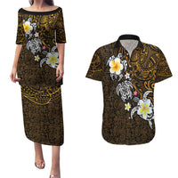 Hawaiian Turtle and Plumeria Couples Matching Puletasi and Hawaiian Shirt Polynesian Tattoo and Tribal Elements Pattern Orange Color