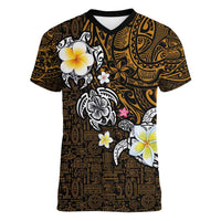 Hawaiian Turtle and Plumeria Women V-Neck T-Shirt Polynesian Tattoo and Tribal Elements Pattern Orange Color
