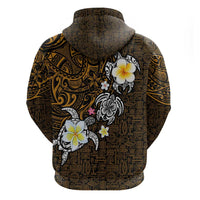 Hawaiian Turtle and Plumeria Zip Hoodie Polynesian Tattoo and Tribal Elements Pattern Orange Color