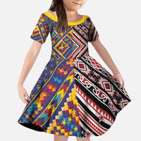 Tuvaluan and New Zealand Culture Kid Short Sleeve Dress The Art of Kolose and Taniko - Polynesian Pride