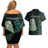 New Zealand Couples Matching Off Shoulder Short Dress and Hawaiian Shirt Silver Fern and Hei Tiki with Papua Shell Maori Tribal LT03 - Polynesian Pride