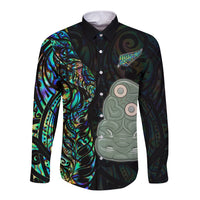 New Zealand Long Sleeve Button Shirt Silver Fern and Hei Tiki with Papua Shell Maori Tribal LT03 Unisex Black - Polynesian Pride