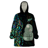 New Zealand Wearable Blanket Hoodie Silver Fern and Hei Tiki with Papua Shell Maori Tribal LT03 One Size Black - Polynesian Pride