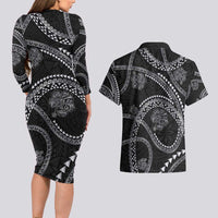 Hawaiian Kakau Art and Hisbiscus Tattoo Couples Matching Long Sleeve Bodycon Dress and Hawaiian Shirt Tribal Pattern-Silver Style LT03 - Polynesian Pride