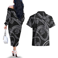 Hawaiian Kakau Art and Hisbiscus Tattoo Couples Matching Off The Shoulder Long Sleeve Dress and Hawaiian Shirt Tribal Pattern-Silver Style - Polynesian Pride