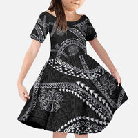 Hawaiian Kakau Art and Hisbiscus Tattoo Family Matching Puletasi and Hawaiian Shirt Tribal Pattern-Silver Style LT03 Daughter's Dress Black - Polynesian Pride