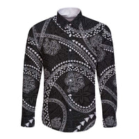 Hawaiian Kakau Art and Hisbiscus Tattoo Long Sleeve Button Shirt Tribal Pattern-Silver Style LT03 Unisex Black - Polynesian Pride