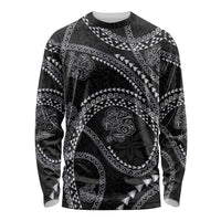 Hawaiian Kakau Art and Hisbiscus Tattoo Long Sleeve Shirt Tribal Pattern-Silver Style LT03 Unisex Black - Polynesian Pride