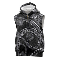 Hawaiian Kakau Art and Hisbiscus Tattoo Sleeveless Zip Hoodie Tribal Pattern-Silver Style LT03 Black - Polynesian Pride