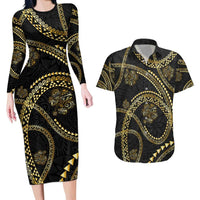 Hawaiian Kakau Art and Hisbiscus Tattoo Couples Matching Long Sleeve Bodycon Dress and Hawaiian Shirt Tribal Pattern-Gold Style LT03 Black - Polynesian Pride