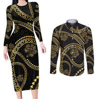 Hawaiian Kakau Art and Hisbiscus Tattoo Couples Matching Long Sleeve Bodycon Dress and Long Sleeve Button Shirt Tribal Pattern-Gold Style LT03 Black - Polynesian Pride