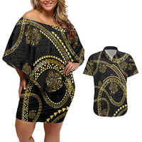 Hawaiian Kakau Art and Hisbiscus Tattoo Couples Matching Off Shoulder Short Dress and Hawaiian Shirt Tribal Pattern-Gold Style LT03 Black - Polynesian Pride