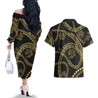 Hawaiian Kakau Art and Hisbiscus Tattoo Couples Matching Off The Shoulder Long Sleeve Dress and Hawaiian Shirt Tribal Pattern-Gold Style - Polynesian Pride