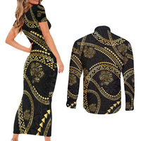 Hawaiian Kakau Art and Hisbiscus Tattoo Couples Matching Short Sleeve Bodycon Dress and Long Sleeve Button Shirt Tribal Pattern-Gold Style LT03 - Polynesian Pride