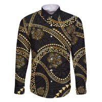 Hawaiian Kakau Art and Hisbiscus Tattoo Family Matching Off The Shoulder Long Sleeve Dress and Hawaiian Shirt Tribal Pattern-Gold Style - Polynesian Pride