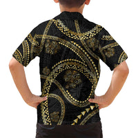 Hawaiian Kakau Art and Hisbiscus Tattoo Family Matching Off Shoulder Maxi Dress and Hawaiian Shirt Tribal Pattern-Gold Style LT03 - Polynesian Pride