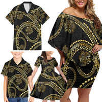 Hawaiian Kakau Art and Hisbiscus Tattoo Family Matching Off Shoulder Short Dress and Hawaiian Shirt Tribal Pattern-Gold Style LT03 - Polynesian Pride