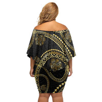 Hawaiian Kakau Art and Hisbiscus Tattoo Family Matching Off Shoulder Short Dress and Hawaiian Shirt Tribal Pattern-Gold Style LT03 - Polynesian Pride