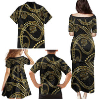 Hawaiian Kakau Art and Hisbiscus Tattoo Family Matching Puletasi and Hawaiian Shirt Tribal Pattern-Gold Style LT03 - Polynesian Pride