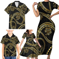 Hawaiian Kakau Art and Hisbiscus Tattoo Family Matching Short Sleeve Bodycon Dress and Hawaiian Shirt Tribal Pattern-Gold Style LT03 - Polynesian Pride