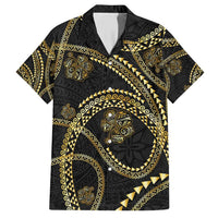 Hawaiian Kakau Art and Hisbiscus Tattoo Family Matching Short Sleeve Bodycon Dress and Hawaiian Shirt Tribal Pattern-Gold Style LT03 Dad's Shirt - Short Sleeve Black - Polynesian Pride